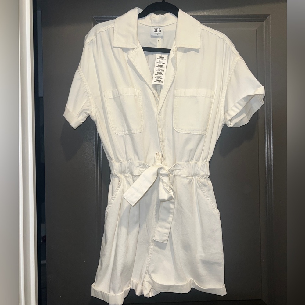 UO white denim shorts romper